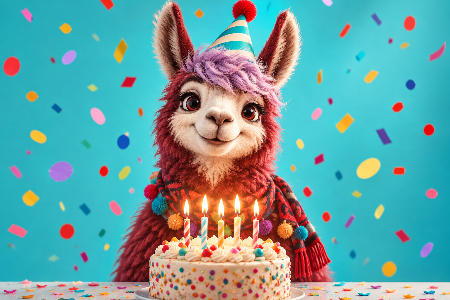 A fluffy red and cream birthday llama surrounded by cake, presents and confetti