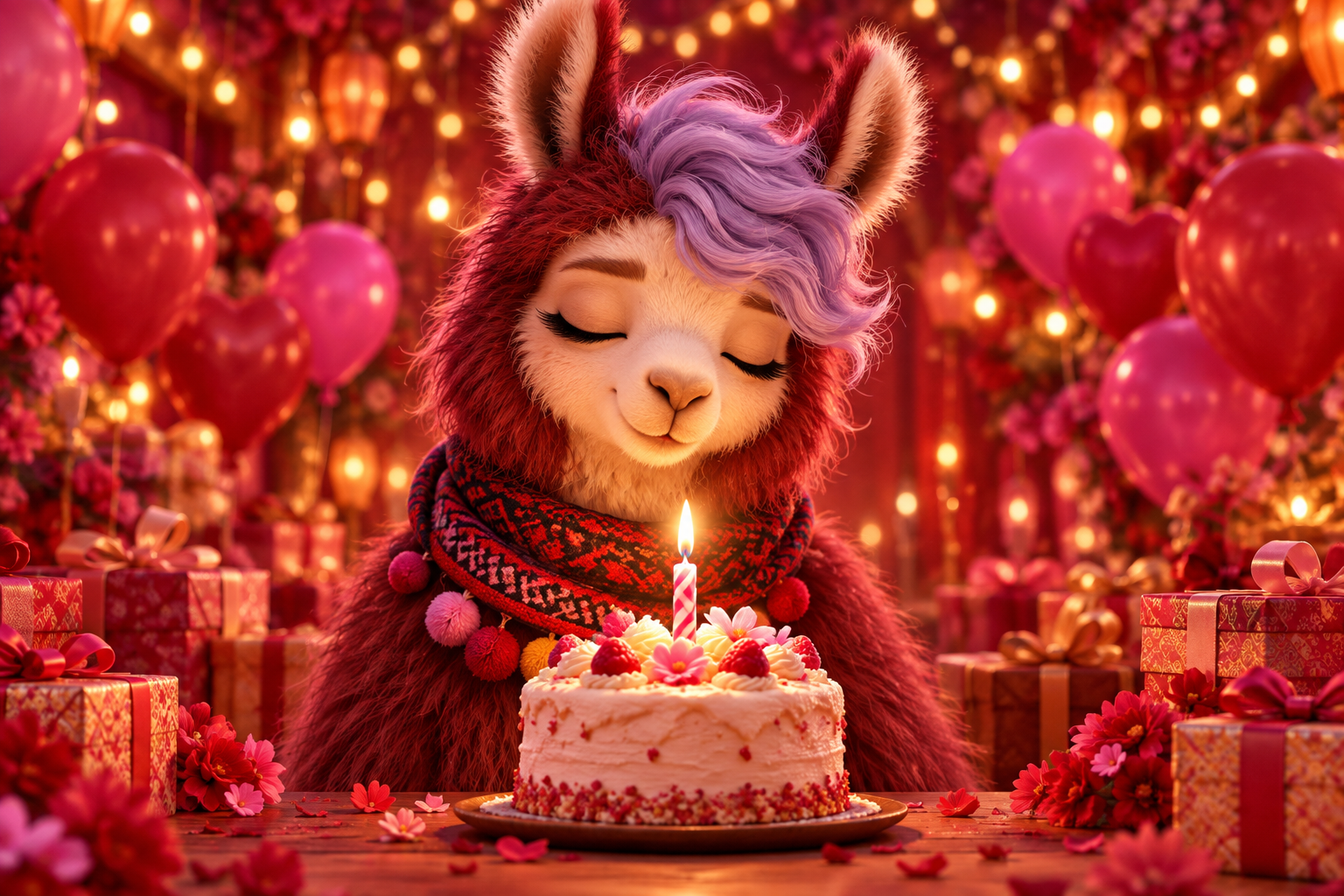 Llama celebrating a birthday with a candlelit cake